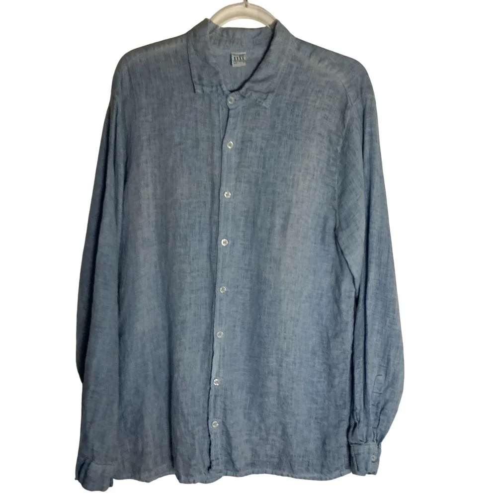 Esthhr Greece Linen Button Down Shirt  Large Blue Long Sleeve Made in Greece